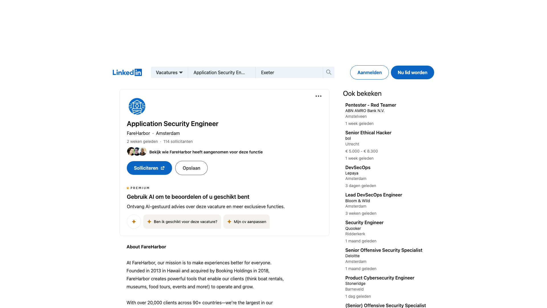 Screenshot of the FareHarbor Application Security Engineer job posting, captured 2026-09-05