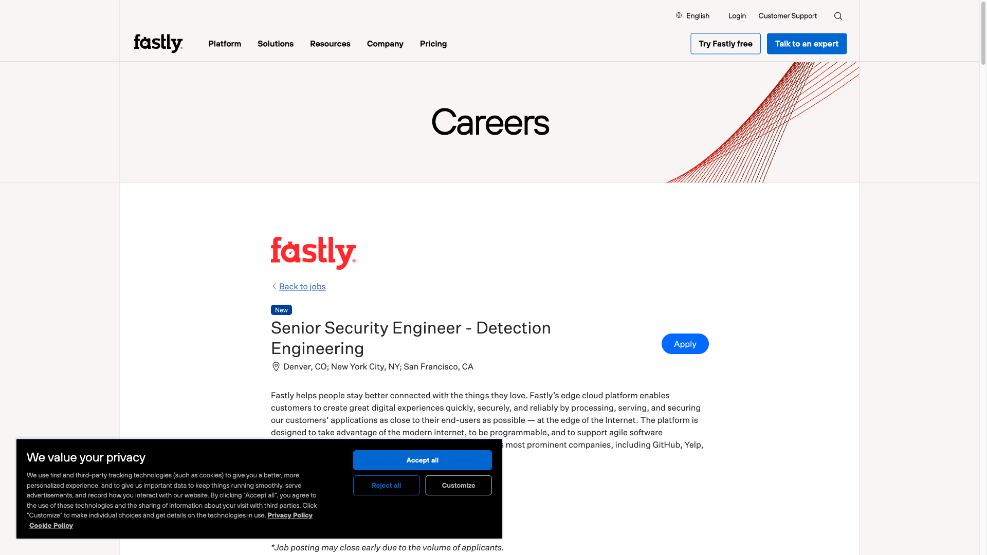 Screenshot of the Fastly Senior Security Engineer - Detection Engineering job posting, captured 2026-10-08