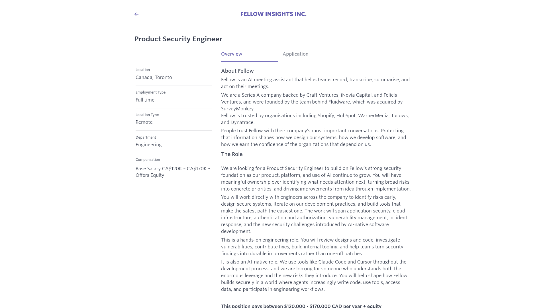 Screenshot of the Fellow Product Security Engineer job posting, captured 2026-08-27