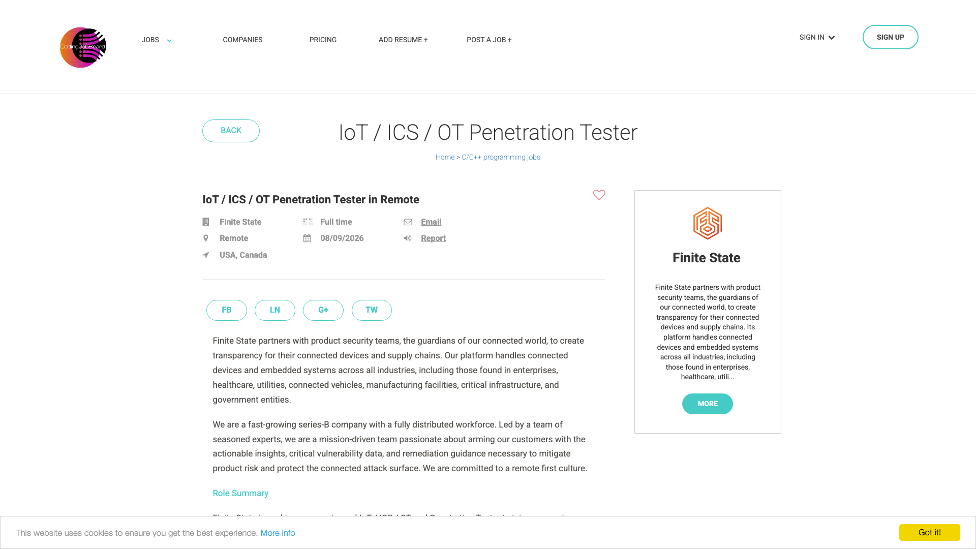 Screenshot of the Finite State IoT / ICS / OT Penetration Tester job posting, captured 2026-10-08