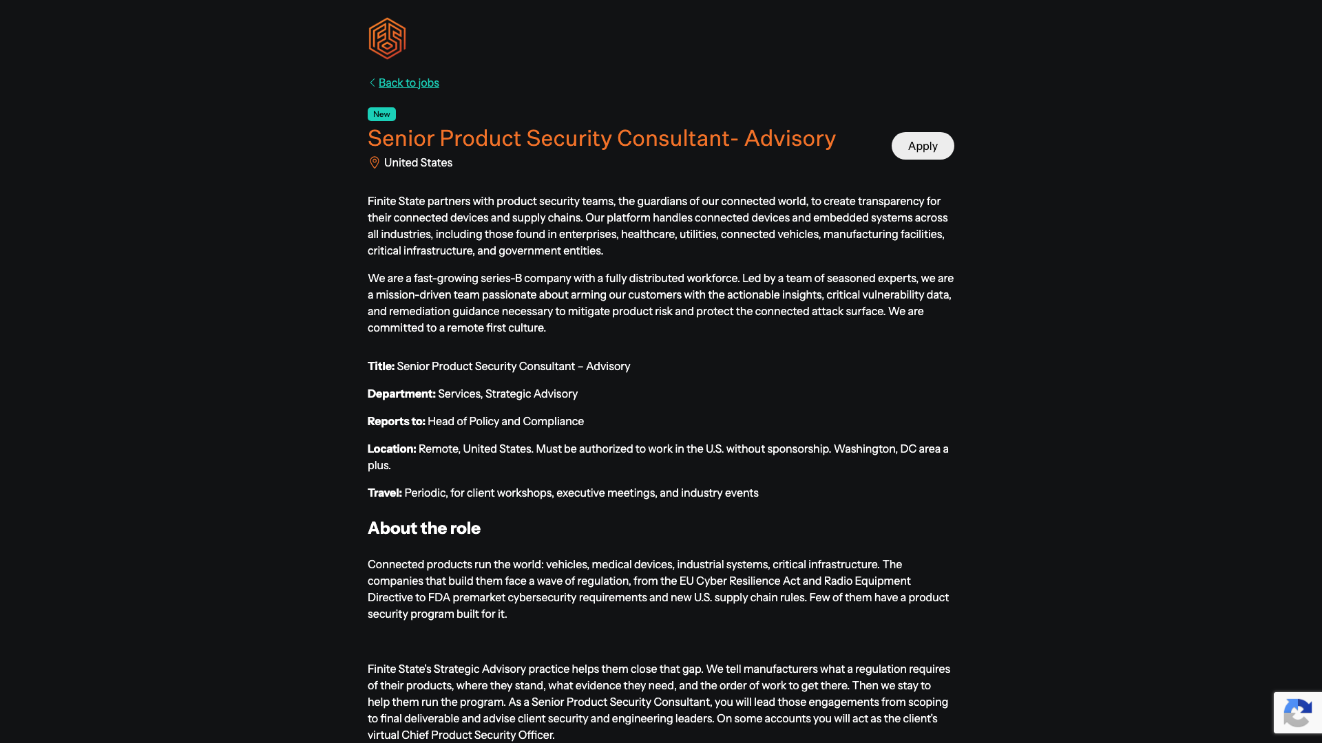 Screenshot of the Finite State Senior Product Security Consultant - Advisory job posting, captured 2026-10-22