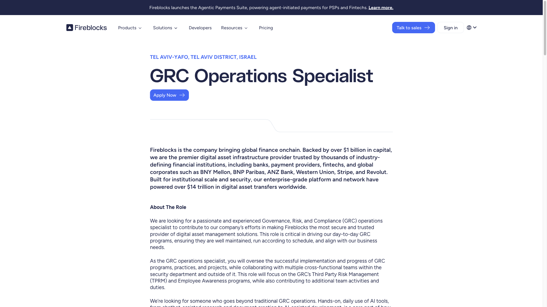 Screenshot of the Fireblocks GRC Operations Specialist job posting, captured 2026-10-01