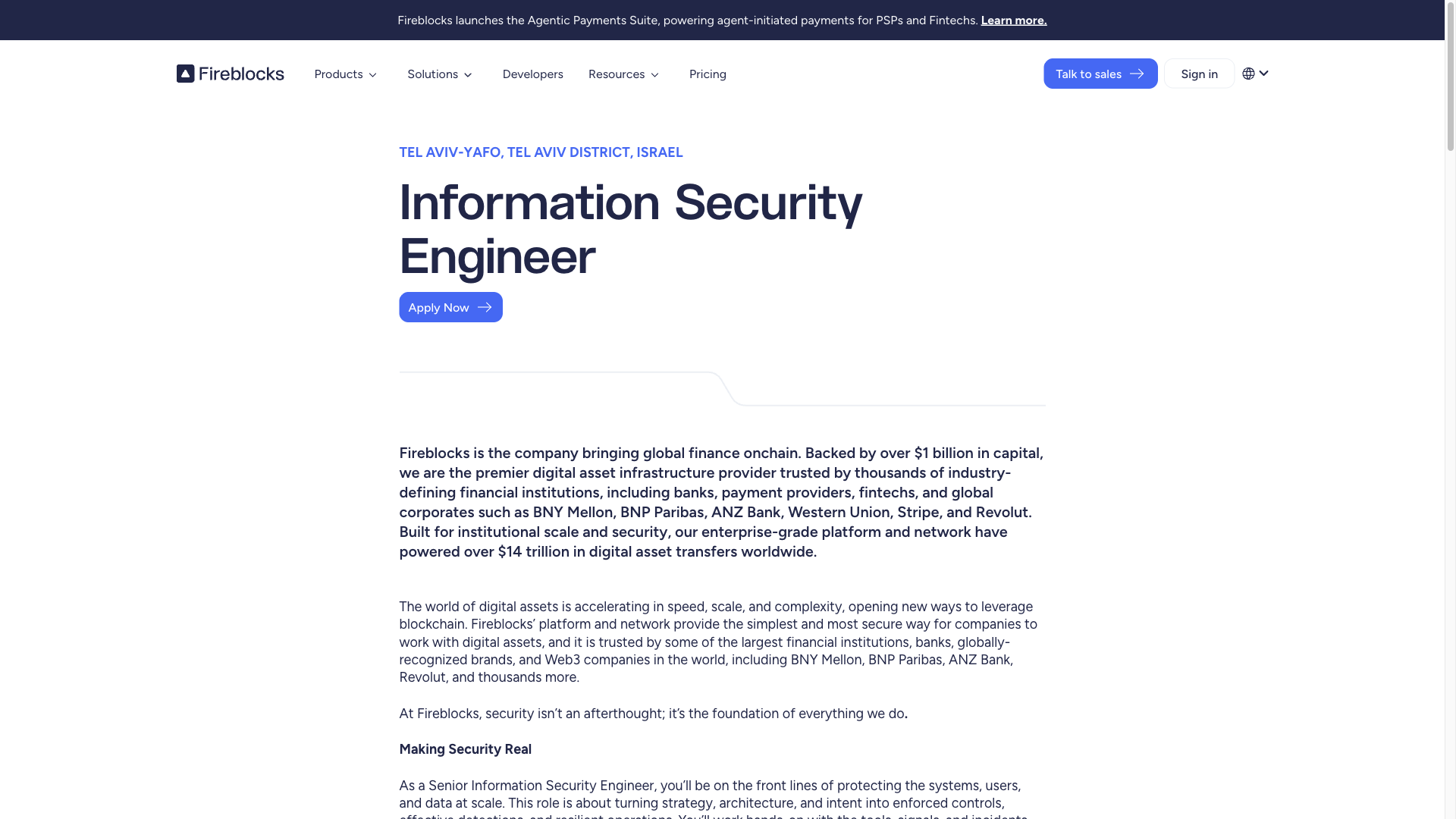 Screenshot of the Fireblocks Information Security Engineer job posting, captured 2026-10-01