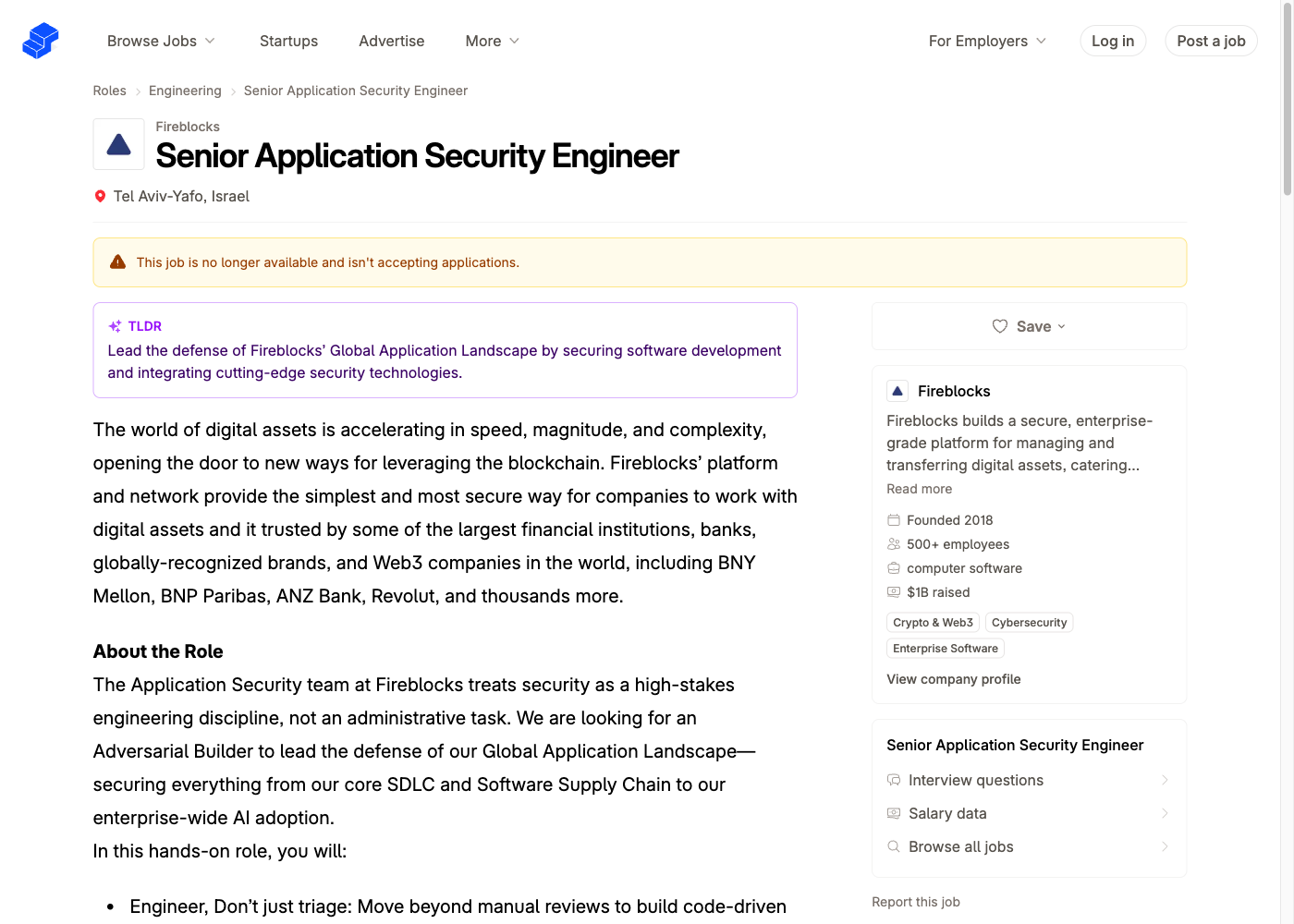 Screenshot of the Fireblocks Senior Application Security Engineer job posting, captured 2026-07-26
