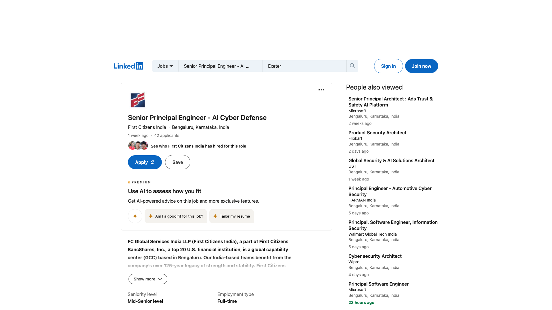 Screenshot of the First Citizens Bank Senior Principal Engineer - AI Cyber Defense job posting, captured 2026-09-05