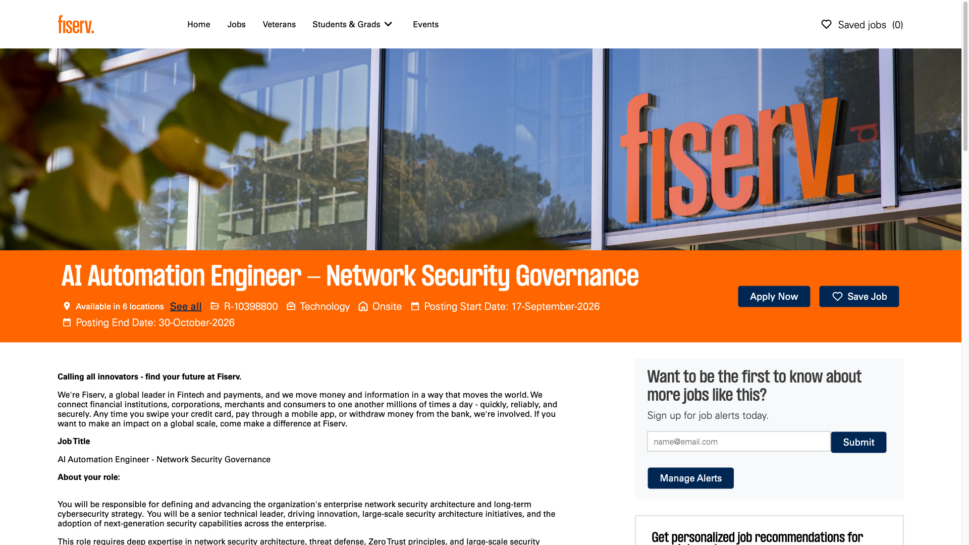Screenshot of the Fiserv AI Automation Engineer - Network Security Governance job posting, captured 2026-09-24