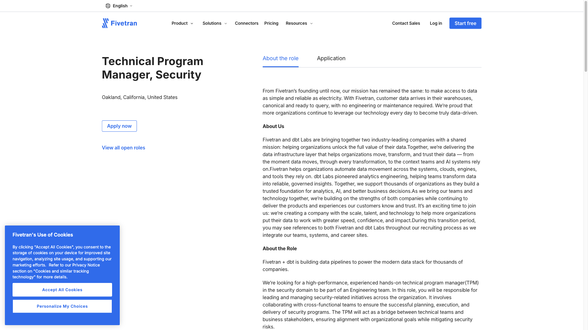 Screenshot of the Fivetran Technical Program Manager, Security job posting, captured 2026-10-01