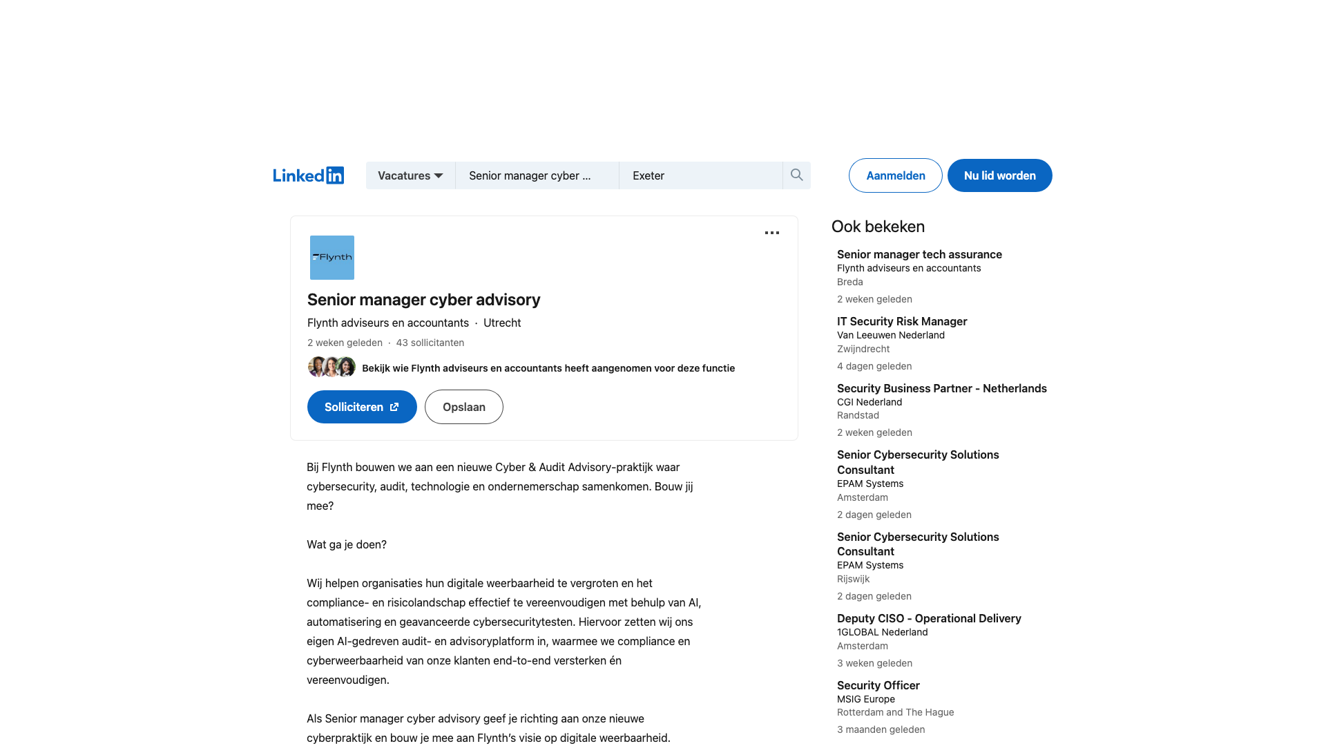 Screenshot of the Flynth Senior manager cyber advisory job posting, captured 2026-09-05