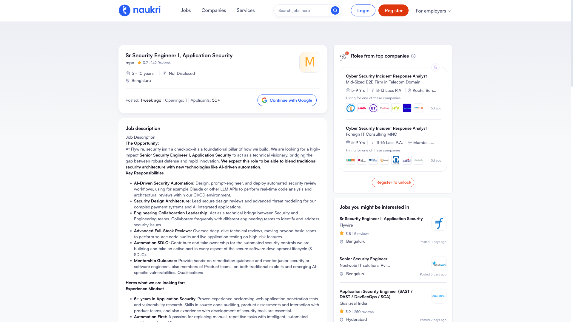 Screenshot of the Flywire Sr Security Engineer I, Application Security job posting, captured 2026-09-05