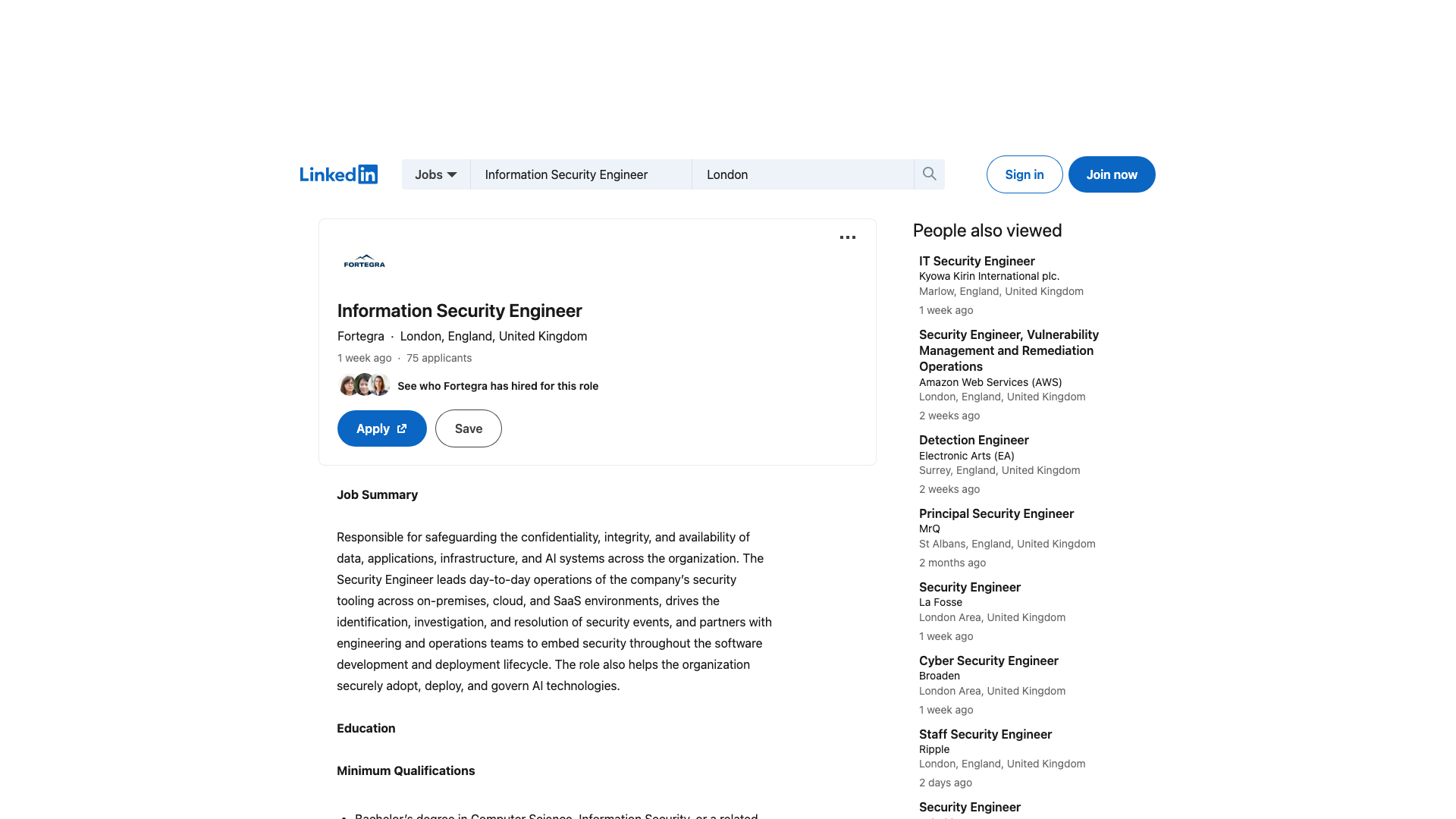 Screenshot of the Fortegra Information Security Engineer job posting, captured 2026-09-05