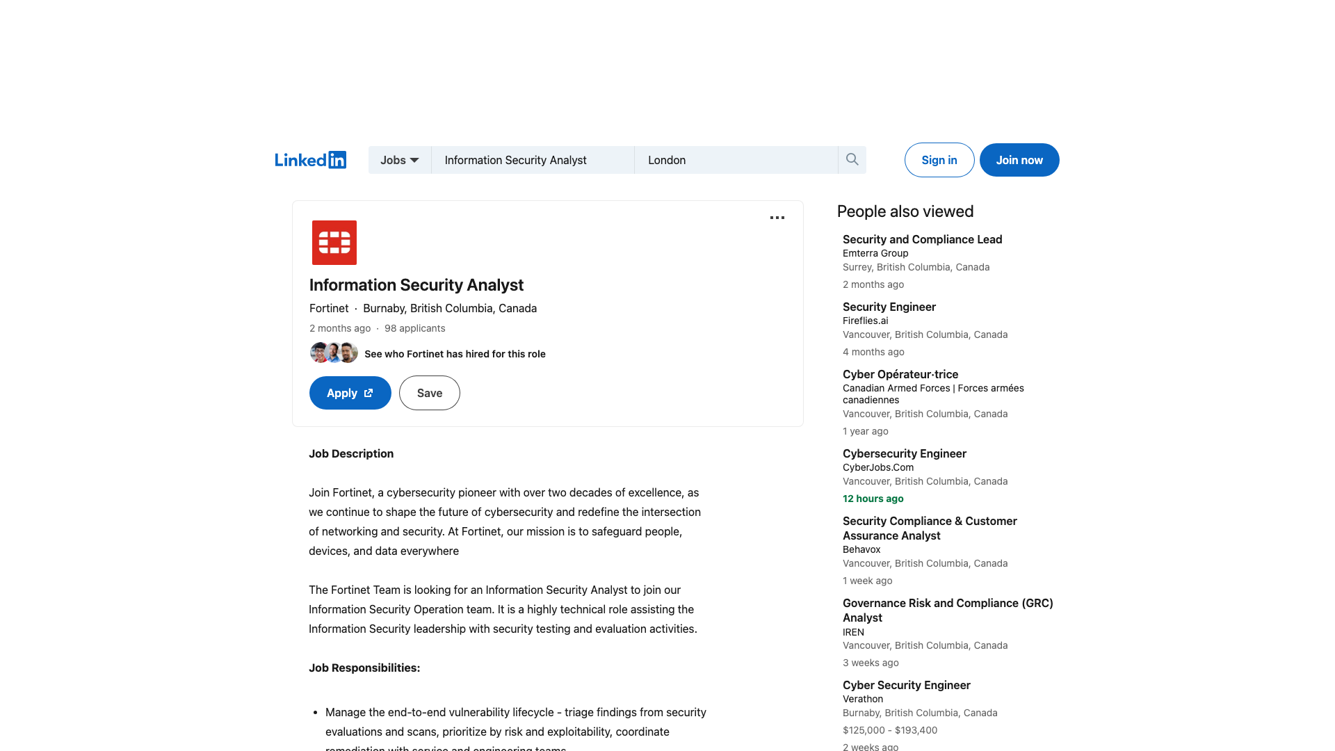 Screenshot of the Fortinet Information Security Analyst job posting, captured 2026-09-05