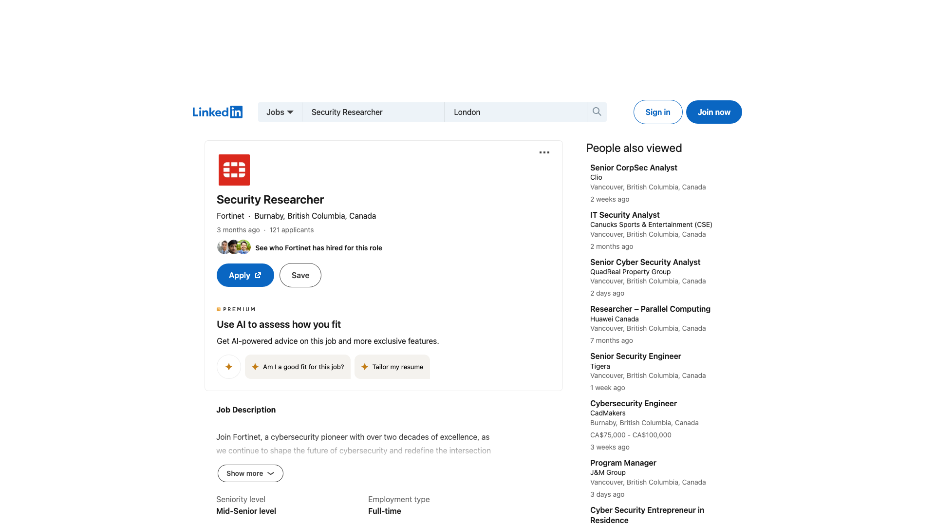 Screenshot of the Fortinet Security Researcher job posting, captured 2026-09-05