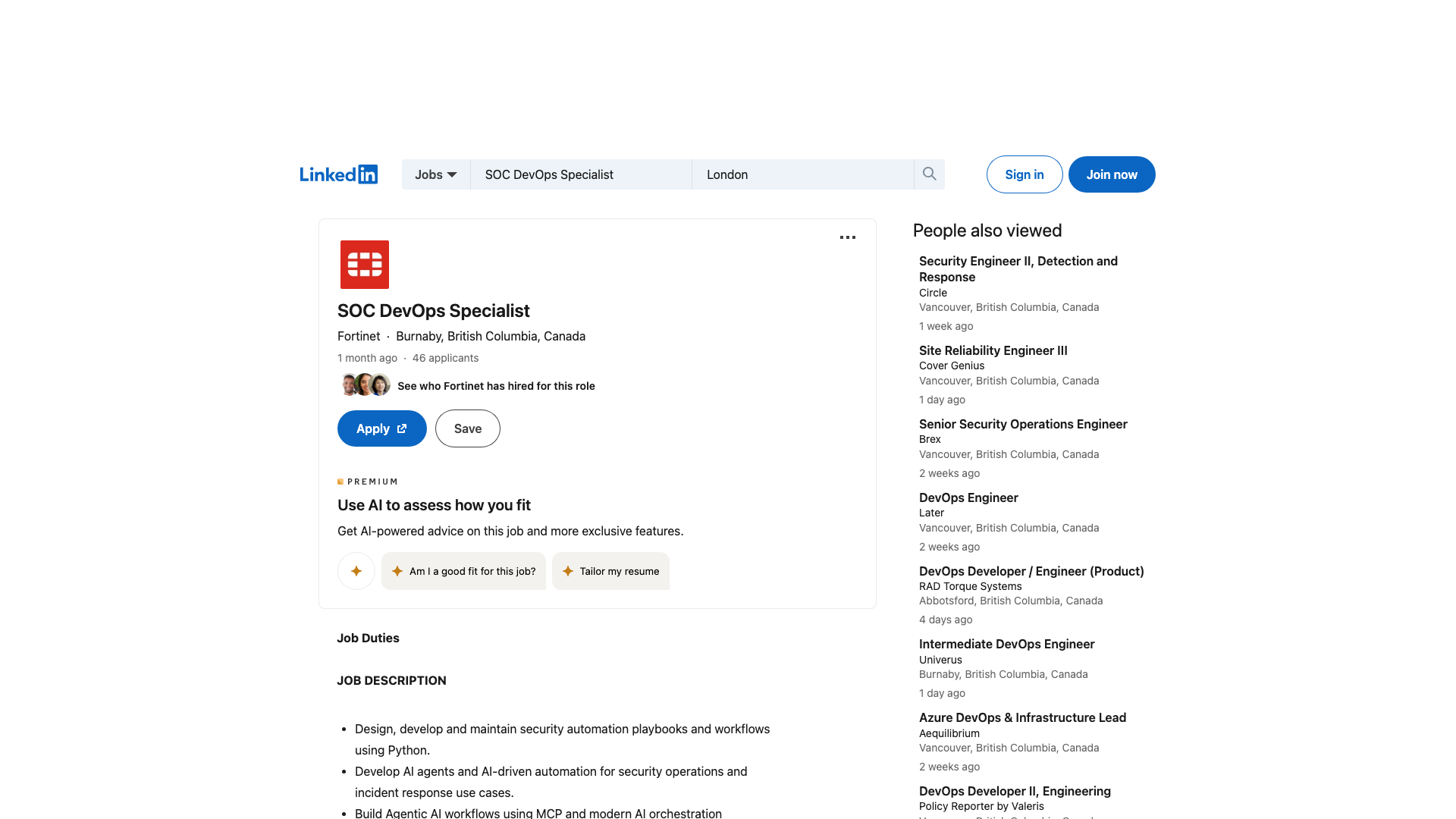 Screenshot of the Fortinet SOC DevOps Specialist job posting, captured 2026-09-05