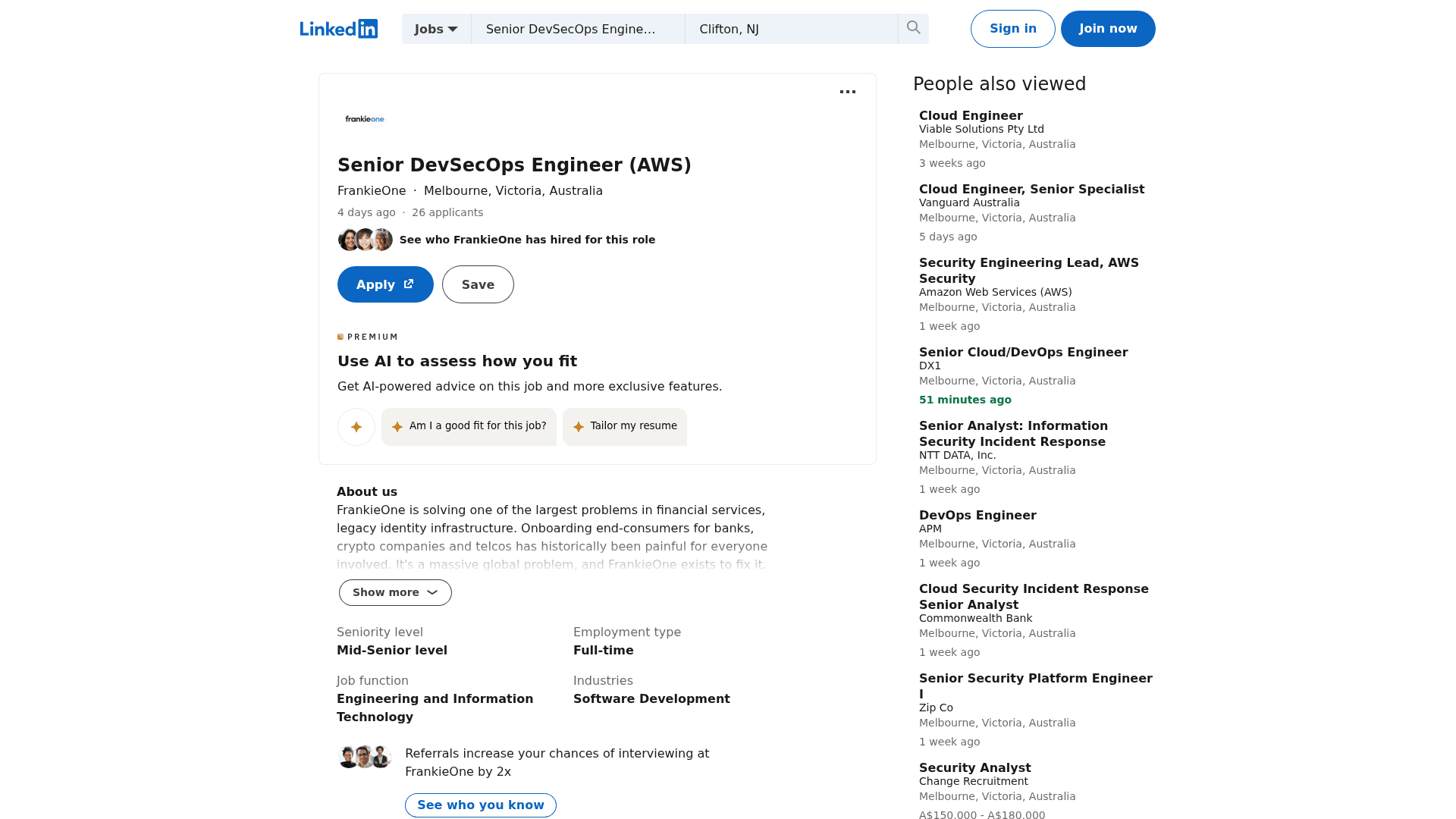 Screenshot of the FrankieOne Senior DevSecOps Engineer (AWS) job posting, captured 2026-08-31