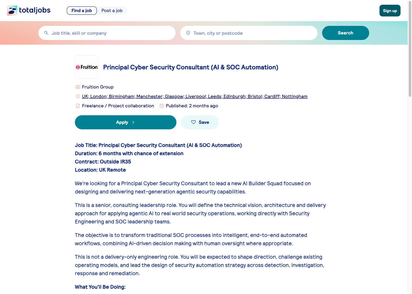Screenshot of the Fruition Group (contract) Principal Cyber Security Consultant (AI & SOC Automation) job posting, captured 2026-09-05