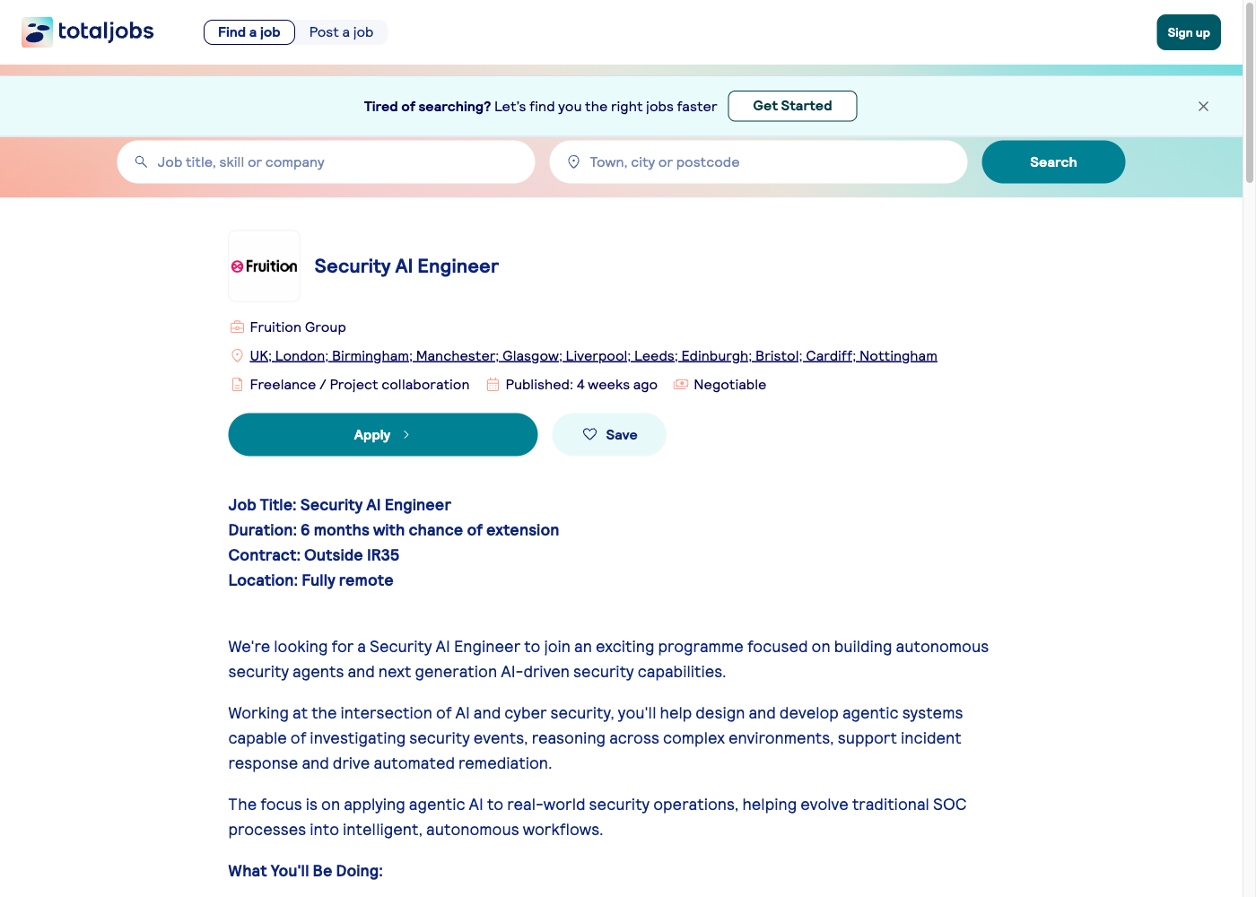 Screenshot of the Fruition Group (contract) Security AI Engineer job posting, captured 2026-09-05