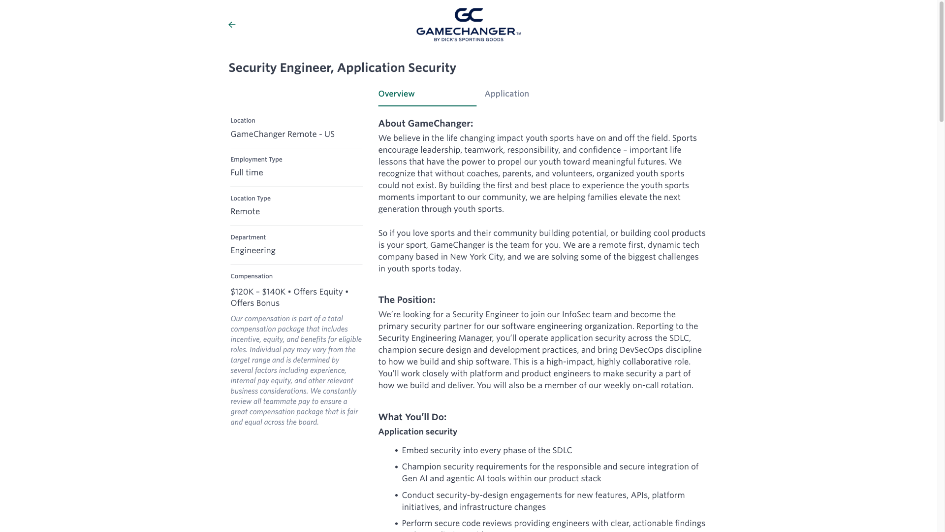 Screenshot of the GameChanger Security Engineer, Application Security job posting, captured 2026-09-23