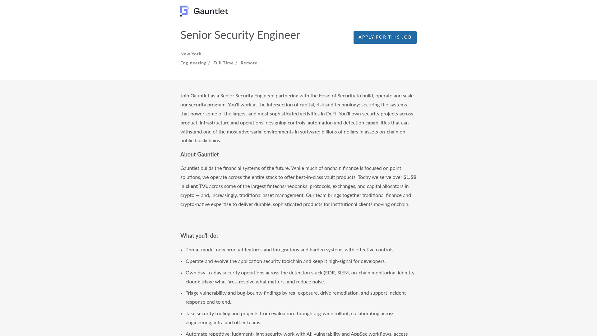 Screenshot of the Gauntlet Senior Security Engineer job posting, captured 2026-08-27