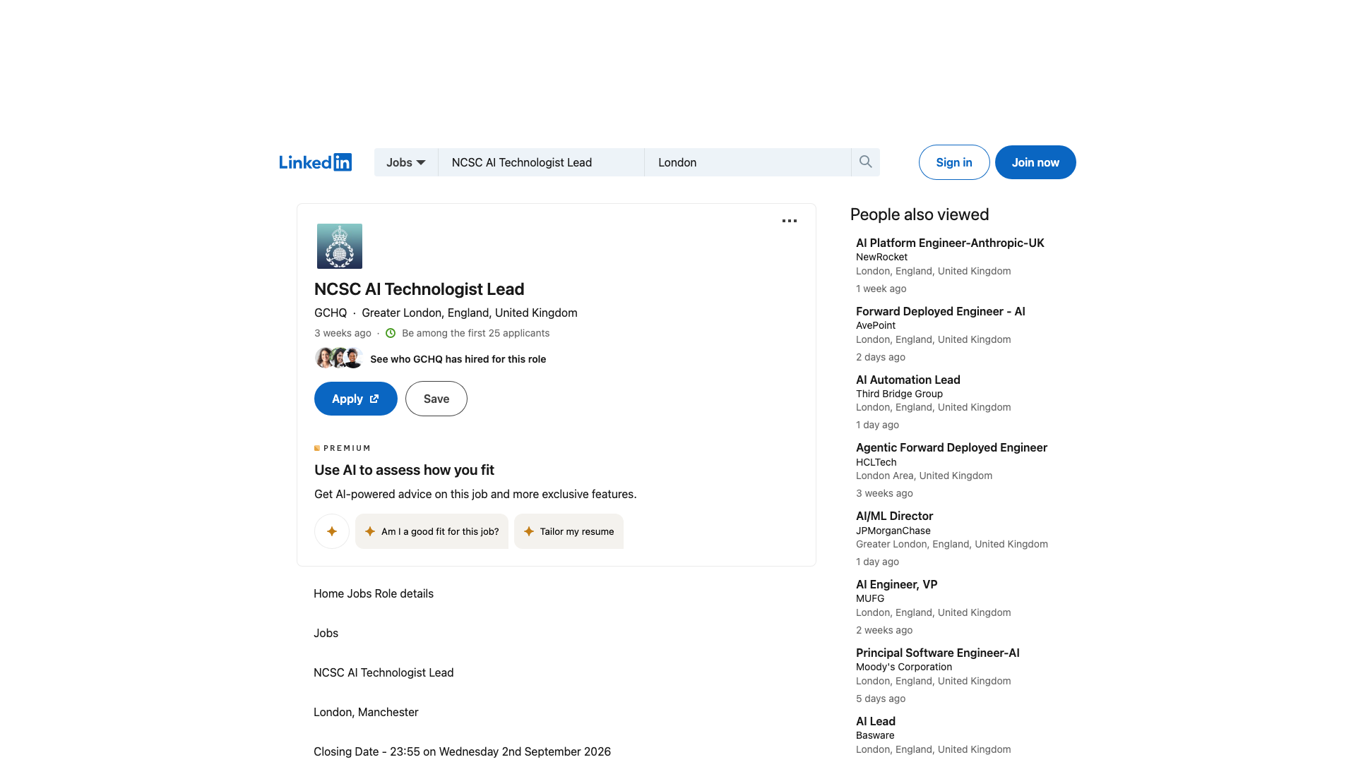 Screenshot of the GCHQ (NCSC) NCSC AI Technologist Lead job posting, captured 2026-09-05