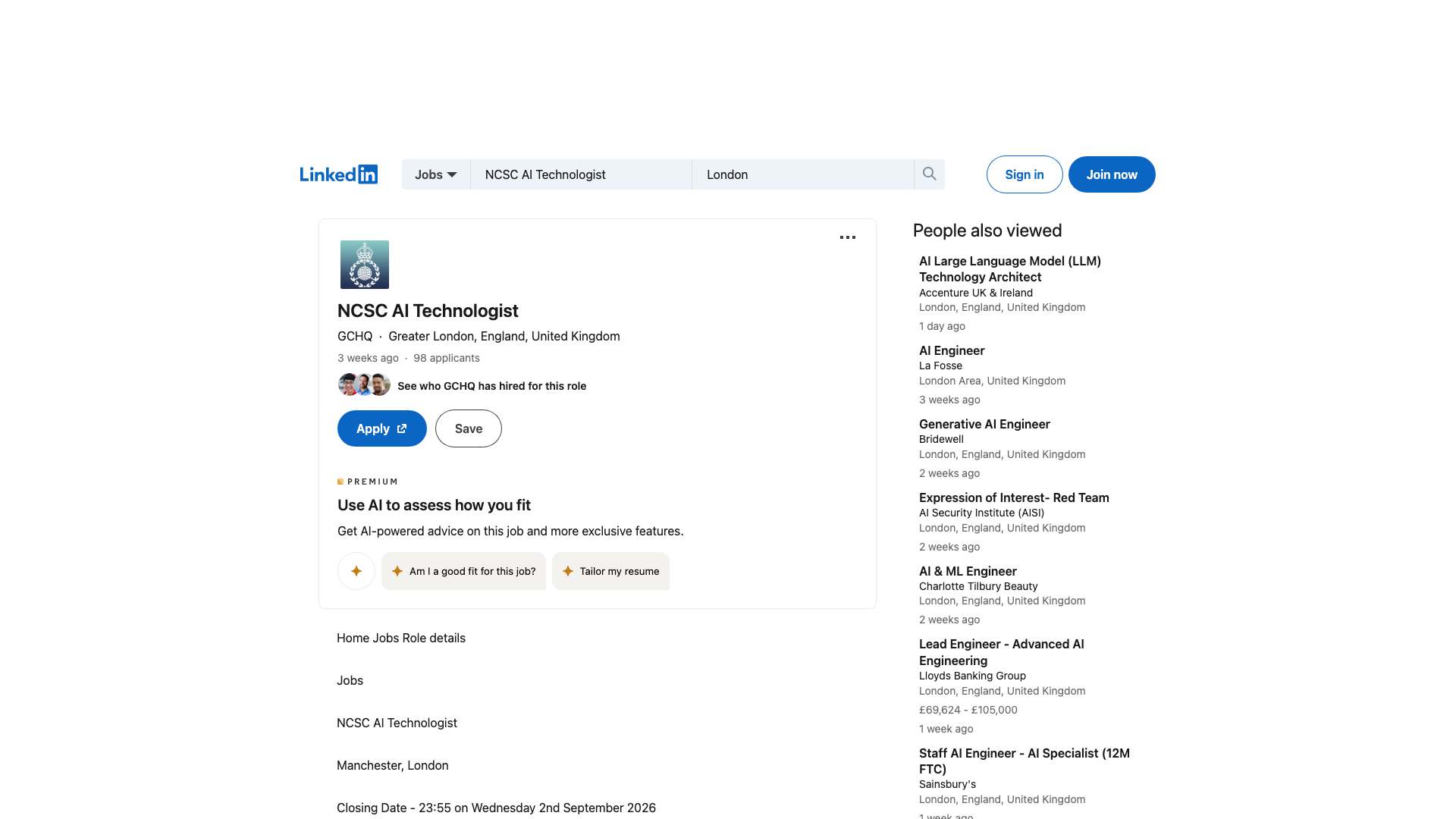 Screenshot of the GCHQ (NCSC) NCSC AI Technologist job posting, captured 2026-09-05