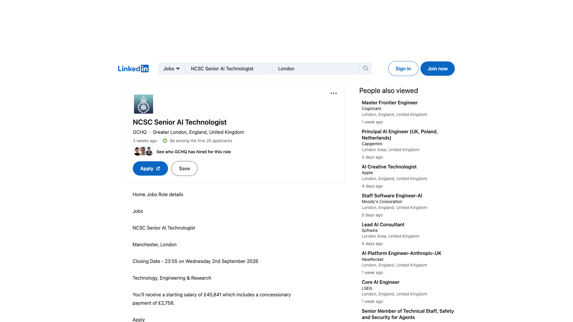 Screenshot of the GCHQ (NCSC) NCSC Senior AI Technologist job posting, captured 2026-09-05