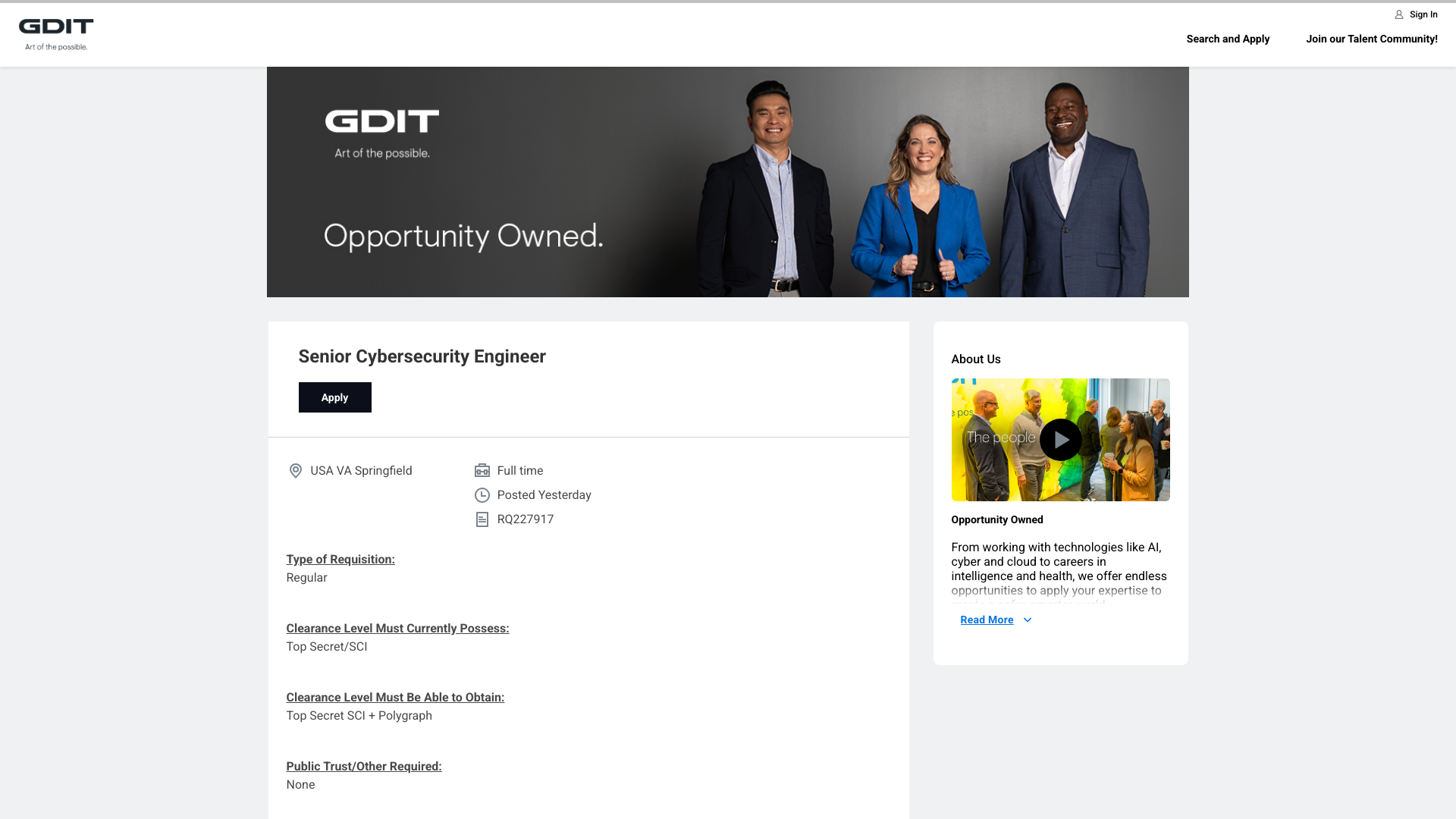 Screenshot of the GDIT Senior Cybersecurity Engineer job posting, captured 2026-09-05