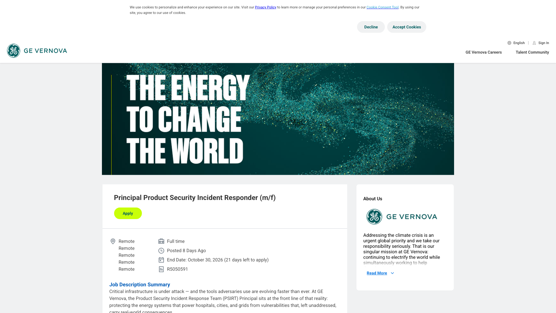 Screenshot of the GE Vernova Principal Product Security Incident Responder (m/f) job posting, captured 2026-10-08