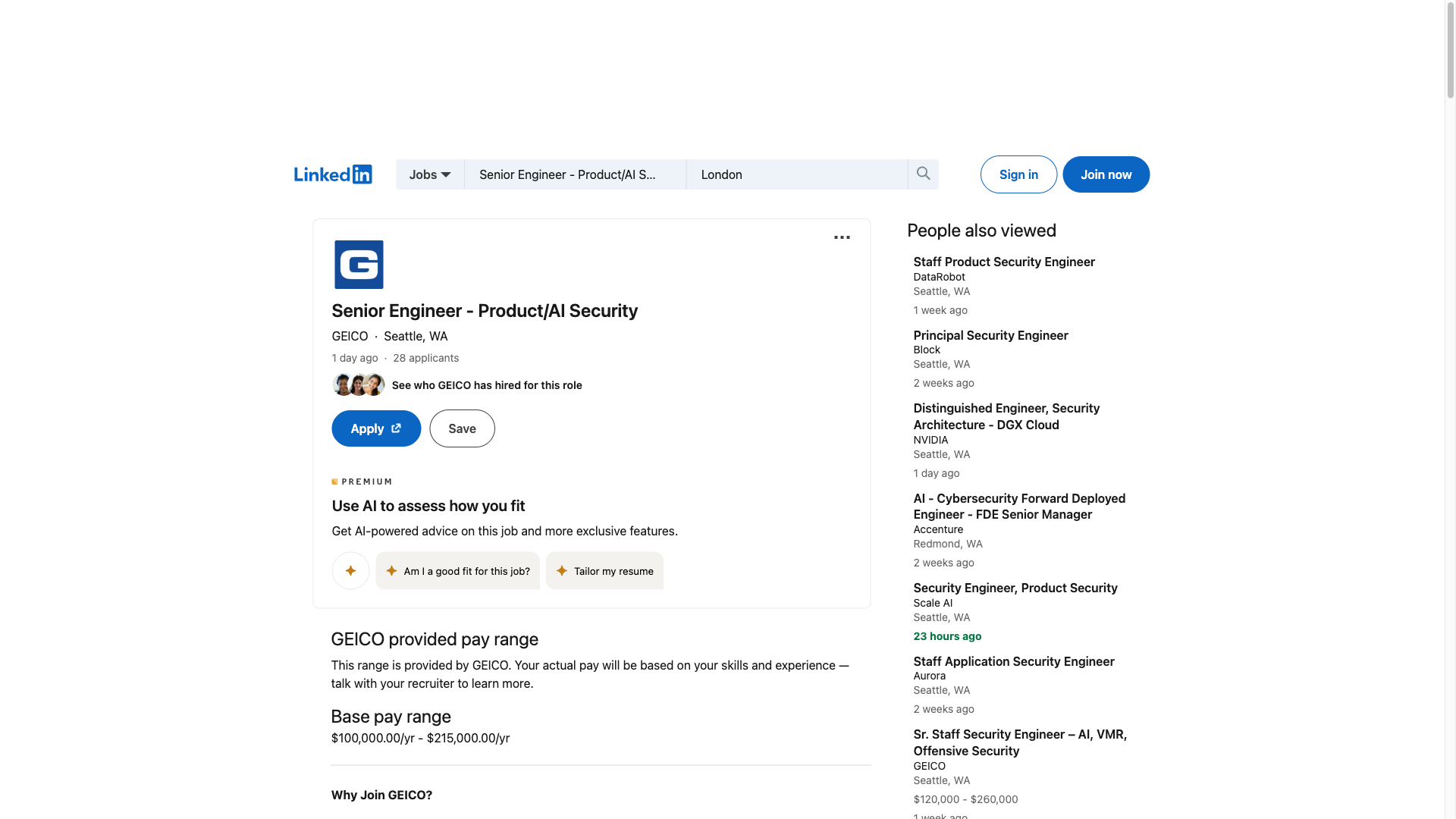 Screenshot of the GEICO Senior Engineer - Product Security job posting, captured 2026-09-23