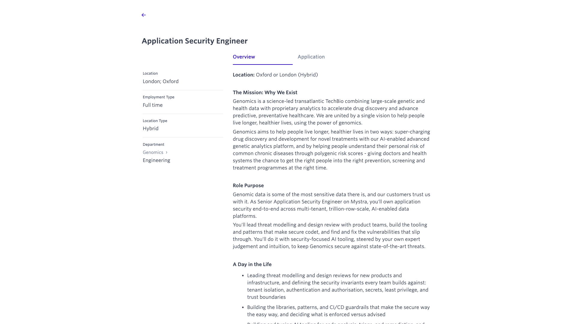 Screenshot of the Genomics Application Security Engineer job posting, captured 2026-10-22