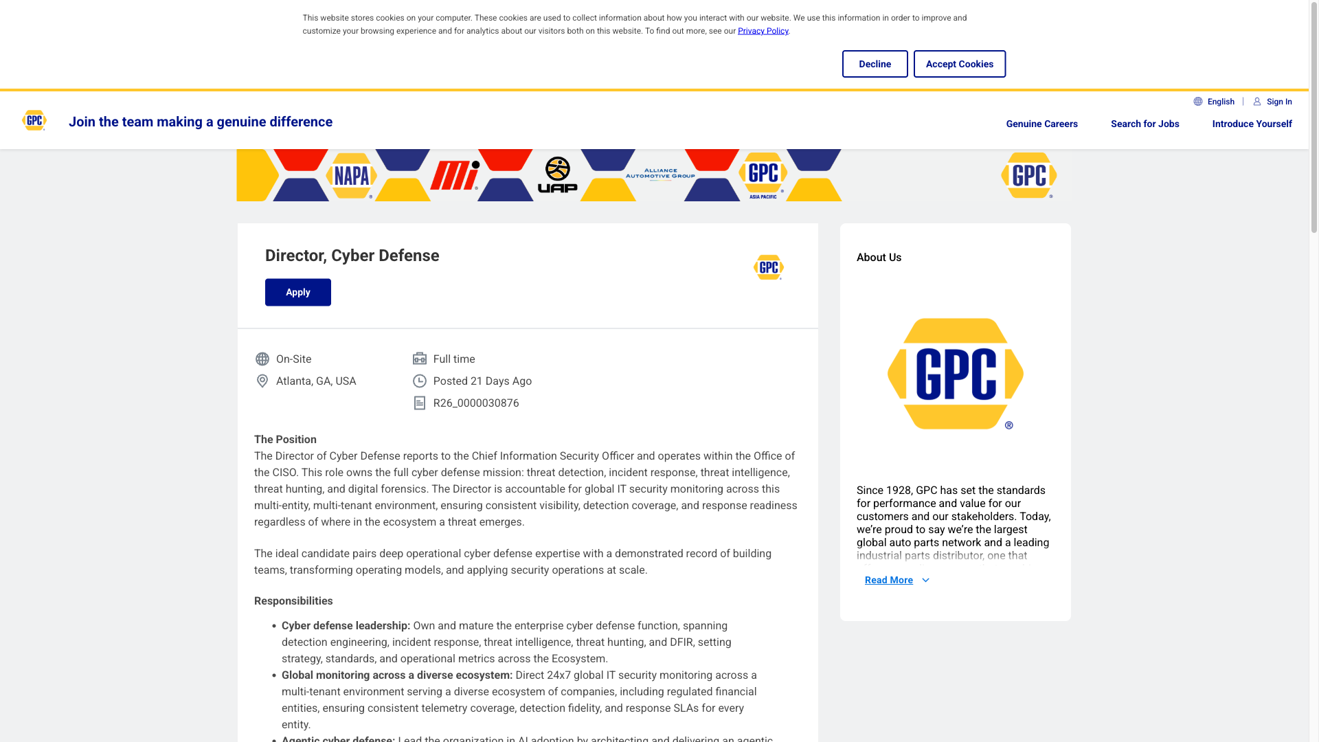 Screenshot of the Genuine Parts Company Director, Cyber Defense job posting, captured 2026-10-08