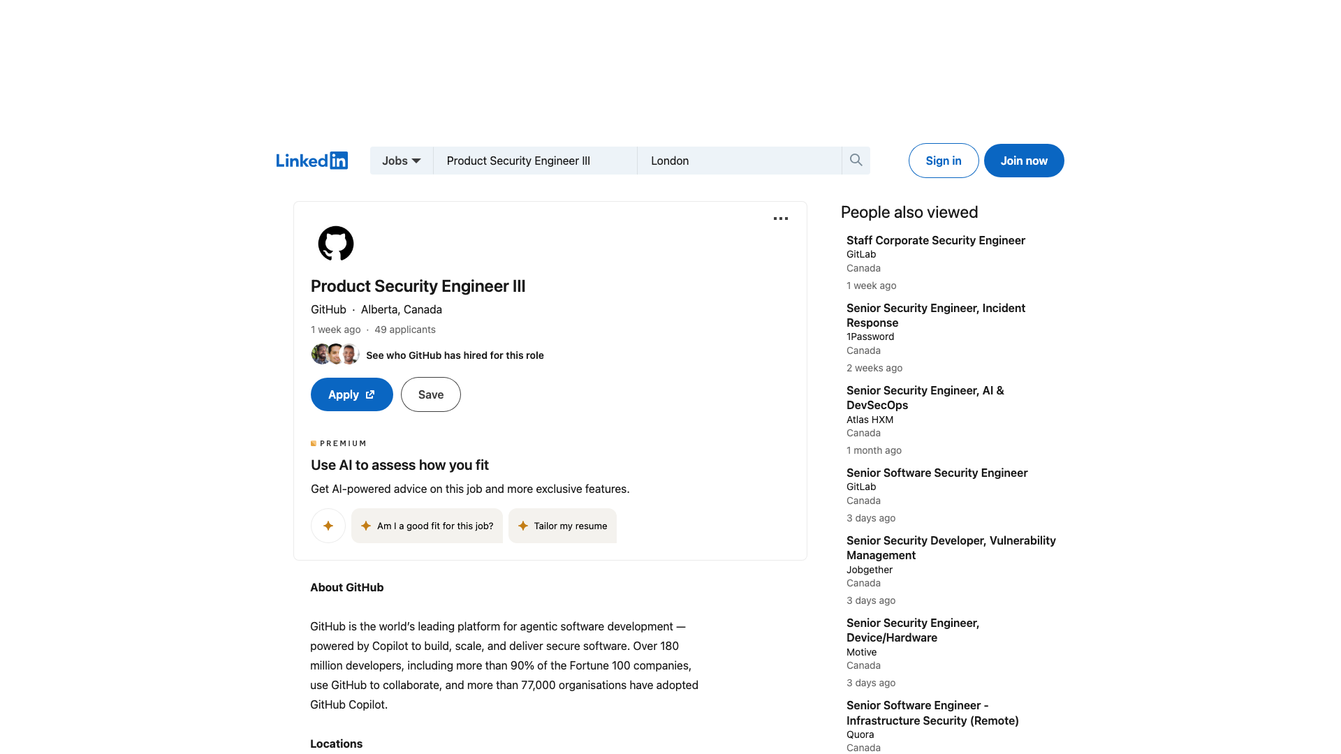 Screenshot of the GitHub Product Security Engineer III job posting, captured 2026-09-05