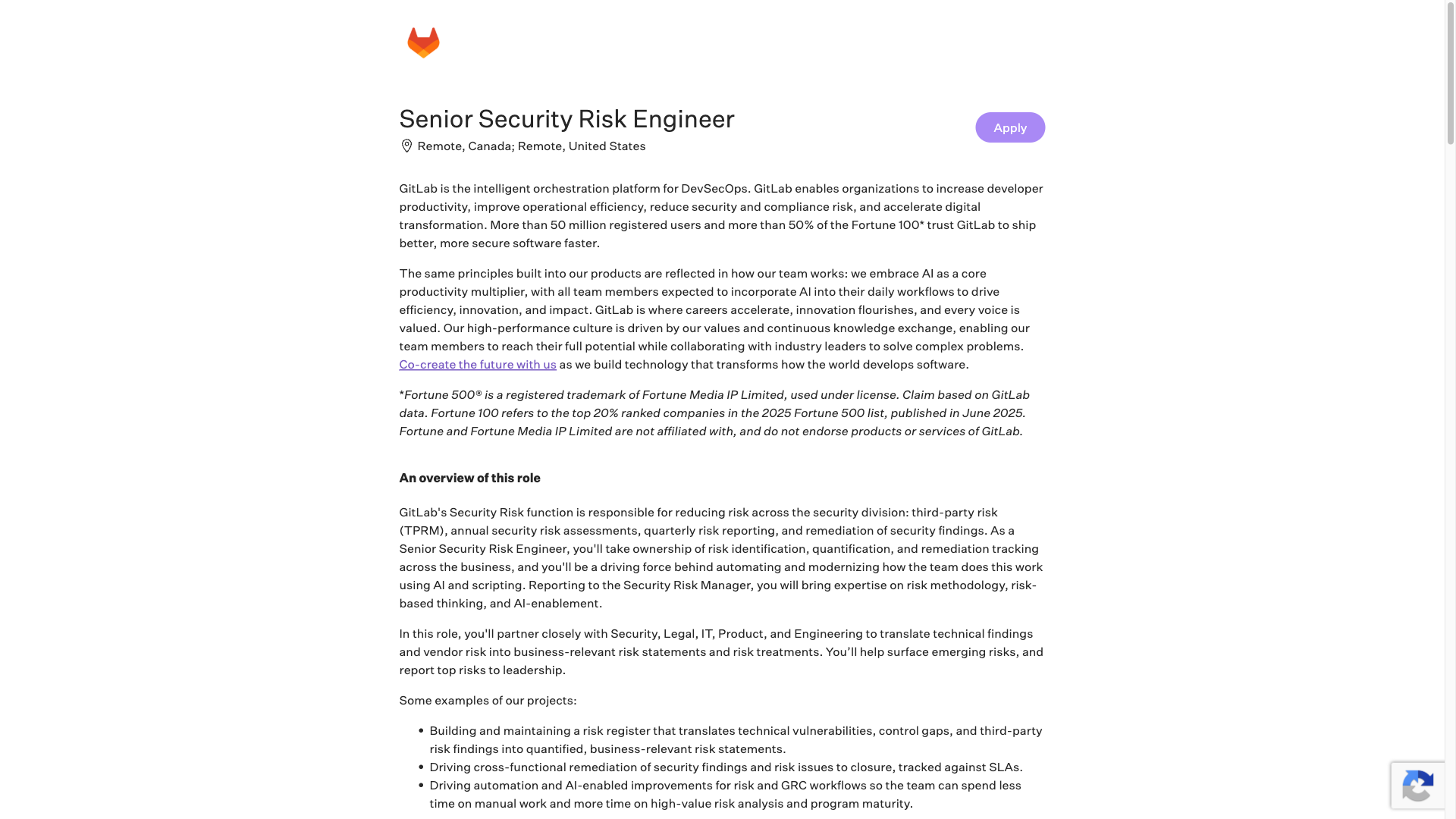 Screenshot of the GitLab Senior Security Risk Engineer job posting, captured 2026-10-08