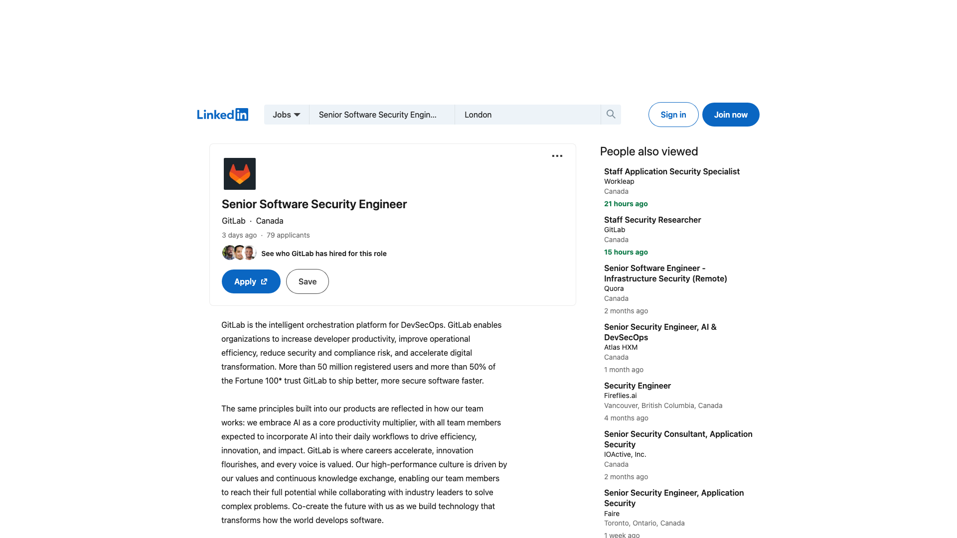 Screenshot of the GitLab Senior Software Security Engineer job posting, captured 2026-09-05