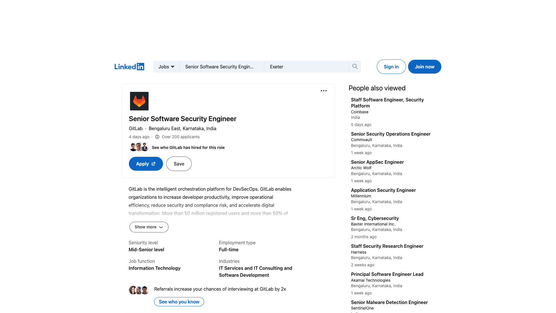 Screenshot of the GitLab Senior Software Security Engineer (Trust & Safety) job posting, captured 2026-09-05