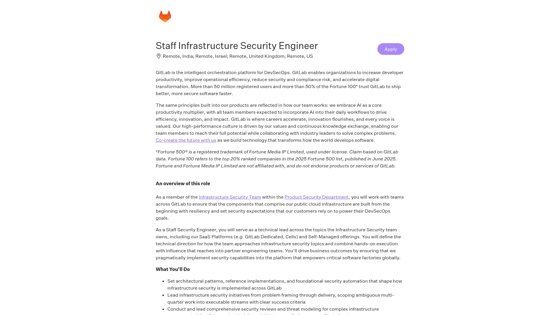 Screenshot of the GitLab Staff Infrastructure Security Engineer job posting, captured 2026-08-31