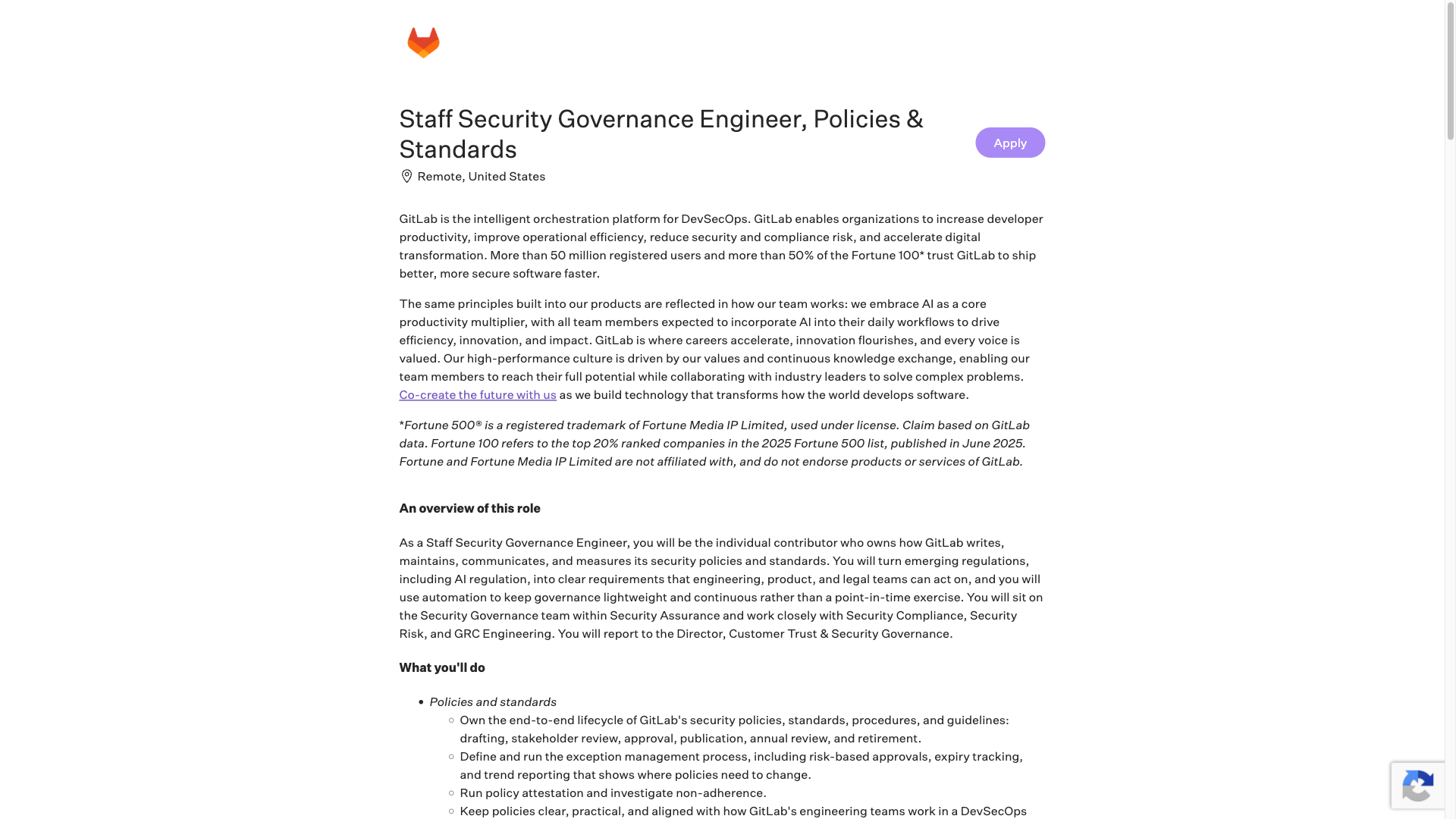 Screenshot of the GitLab Staff Security Governance Engineer, Policies & Standards job posting, captured 2026-10-08