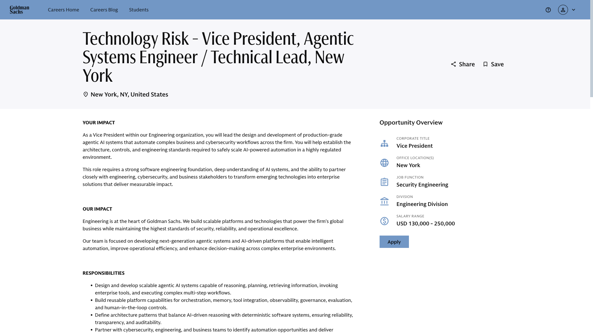 Screenshot of the Goldman Sachs Technology Risk - Vice President, Agentic Systems Engineer / Technical Lead, New York job posting, captured 2026-10-01