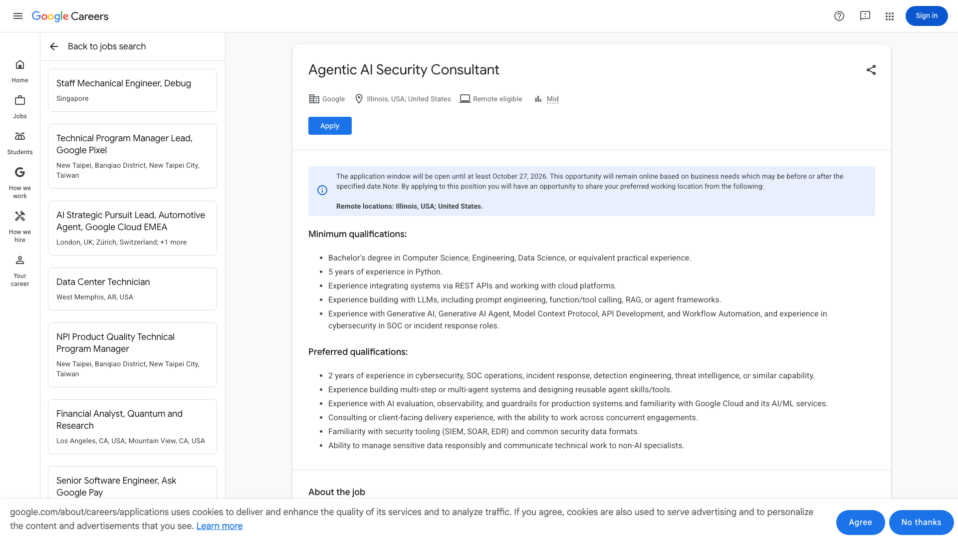 Screenshot of the Google (Mandiant) Agentic AI Security Consultant job posting, captured 2026-10-25