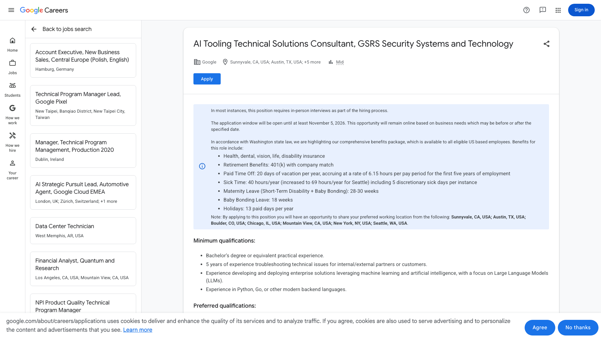 Screenshot of the Google AI Tooling Technical Solutions Consultant, GSRS Security Systems and Technology job posting, captured 2026-10-22