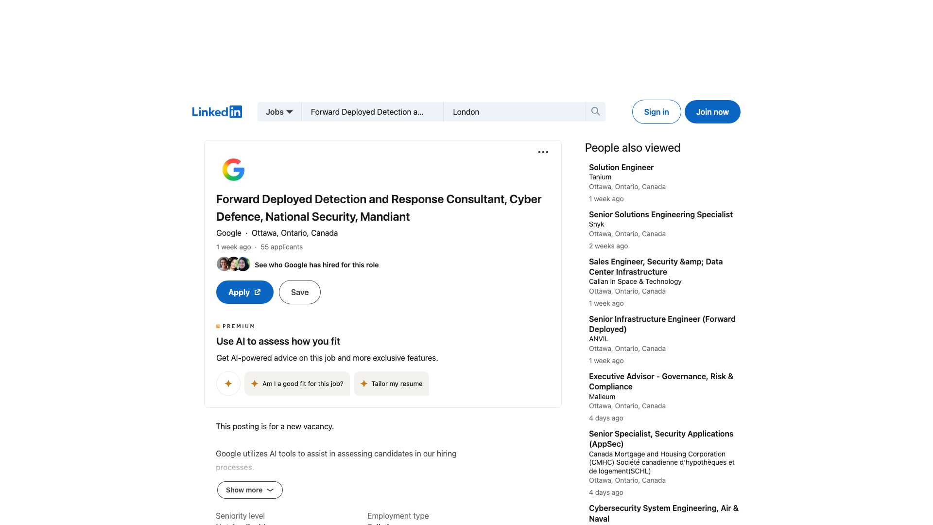 Screenshot of the Google (Mandiant) Forward Deployed Detection and Response Consultant, Cyber Defence, National Security job posting, captured 2026-09-05