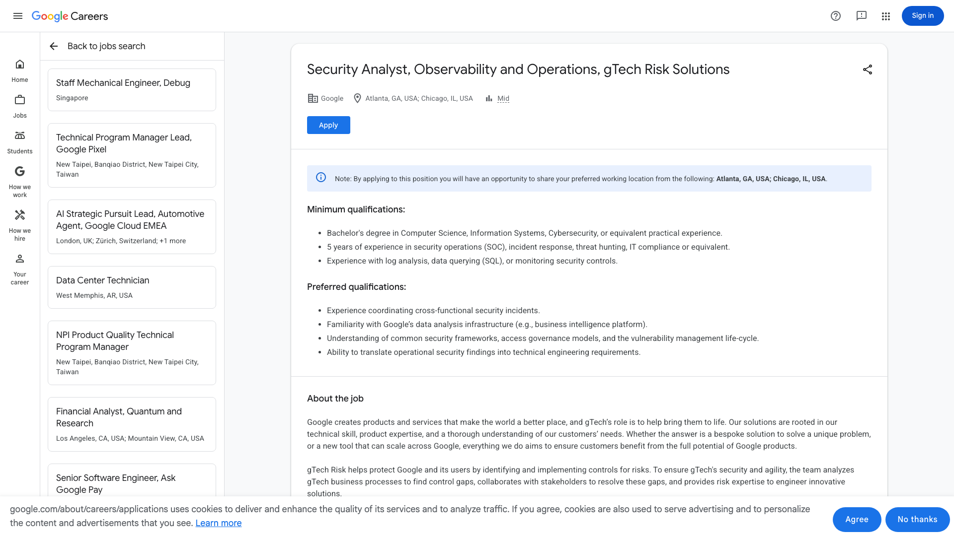 Screenshot of the Google Security Analyst, Observability and Operations, gTech Risk Solutions job posting, captured 2026-10-25