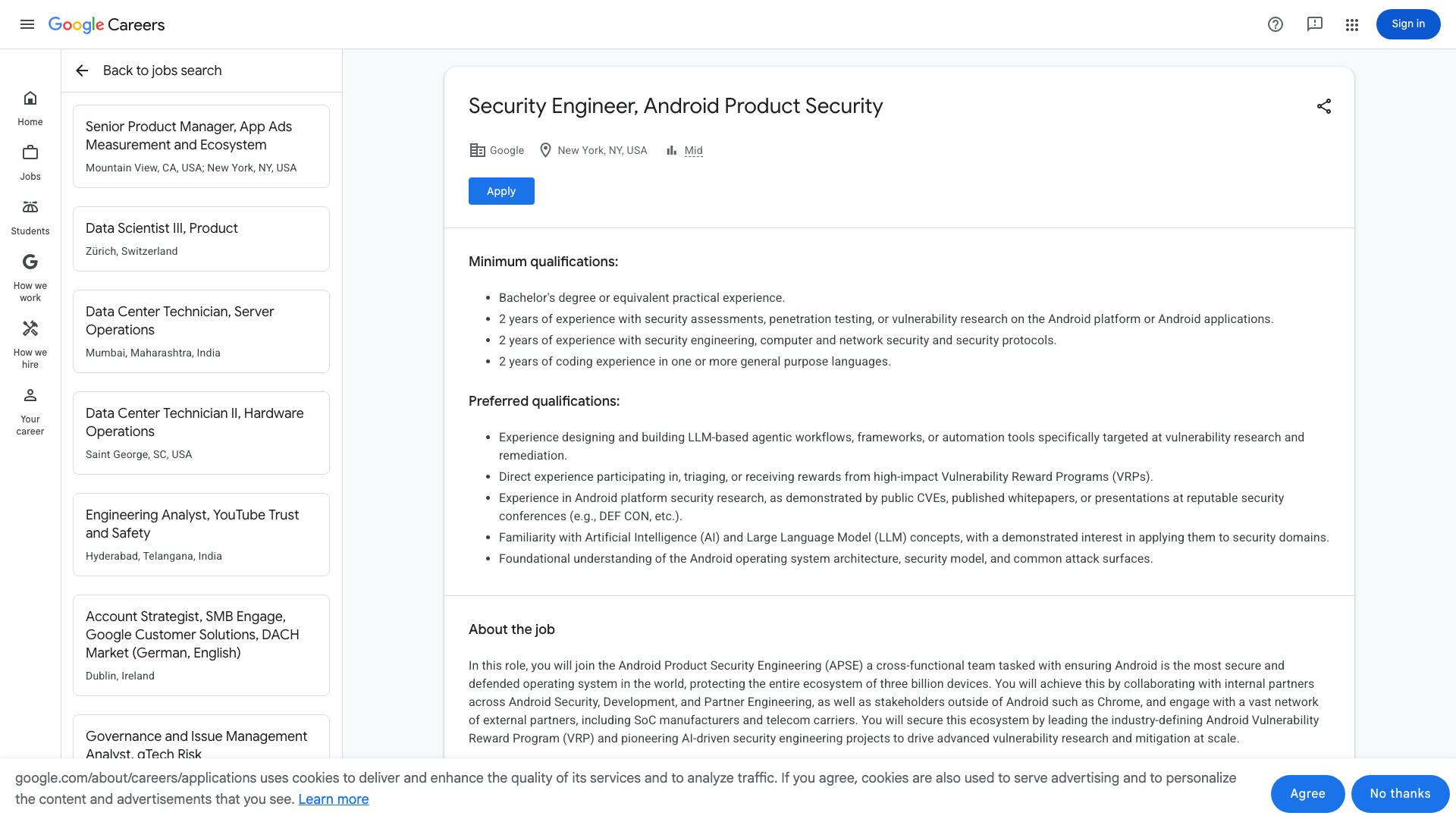Screenshot of the Google Security Engineer, Android Product Security job posting, captured 2026-09-07