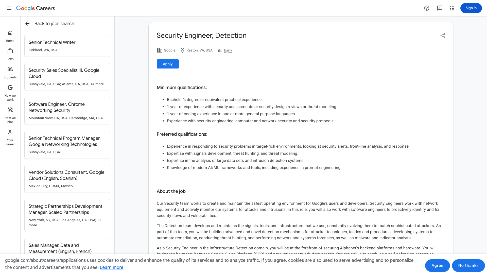 Screenshot of the Google Security Engineer, Detection job posting, captured 2026-09-01