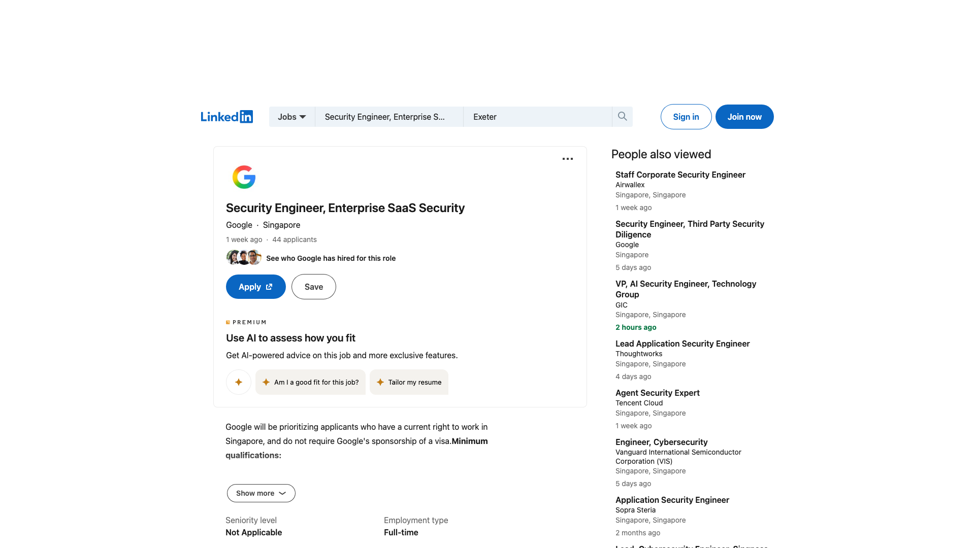 Screenshot of the Google Security Engineer, Enterprise SaaS Security job posting, captured 2026-09-05