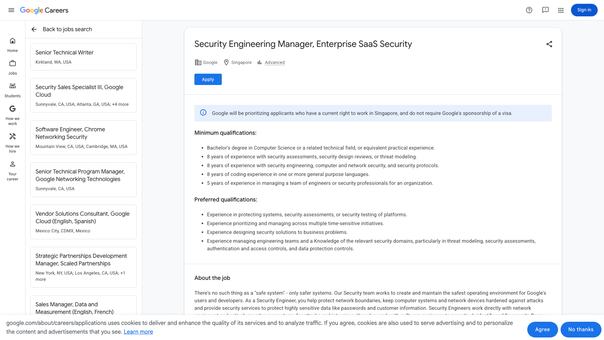 Screenshot of the Google Security Engineering Manager, Enterprise SaaS Security job posting, captured 2026-09-01