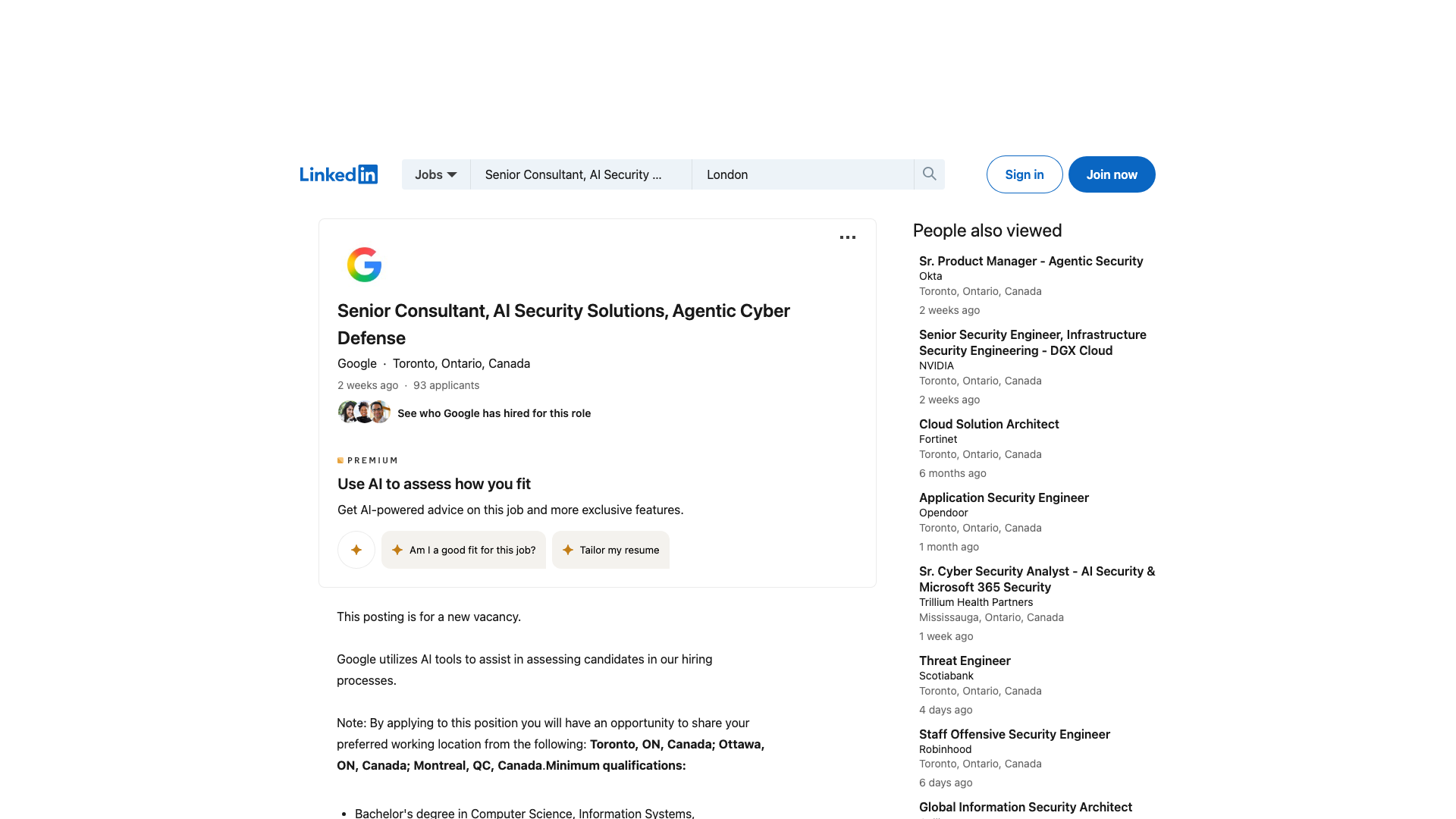 Screenshot of the Google (Mandiant) Senior Consultant, AI Security Solutions, Agentic Cyber Defense job posting, captured 2026-09-05