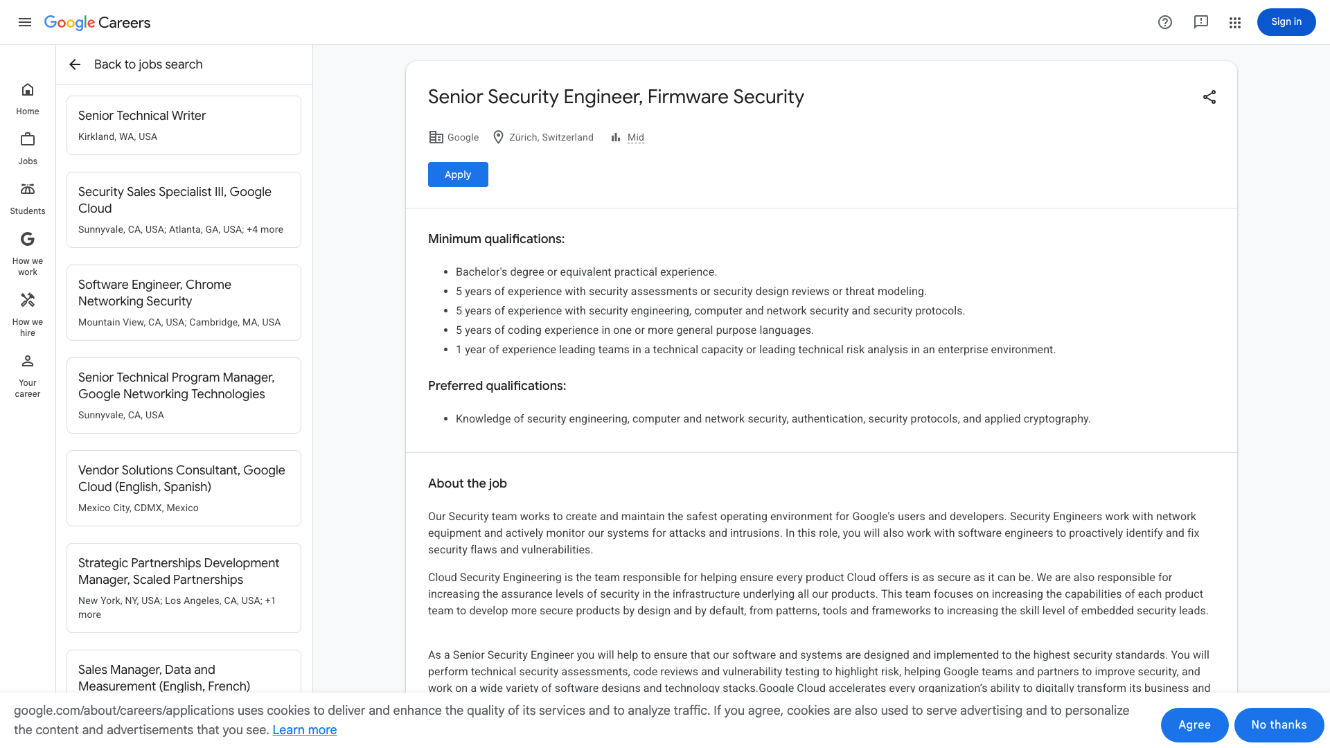 Screenshot of the Google Senior Security Engineer, Firmware Security job posting, captured 2026-09-01