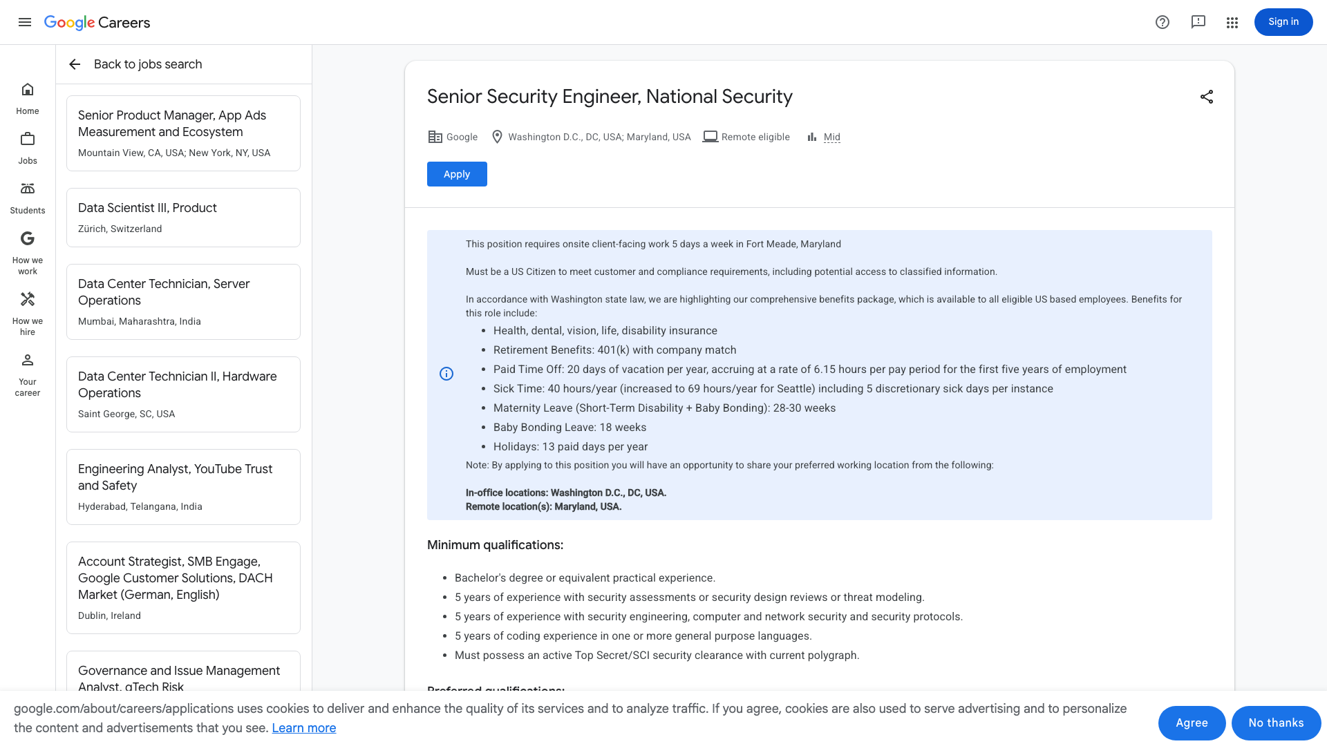 Screenshot of the Google Senior Security Engineer, National Security job posting, captured 2026-09-07