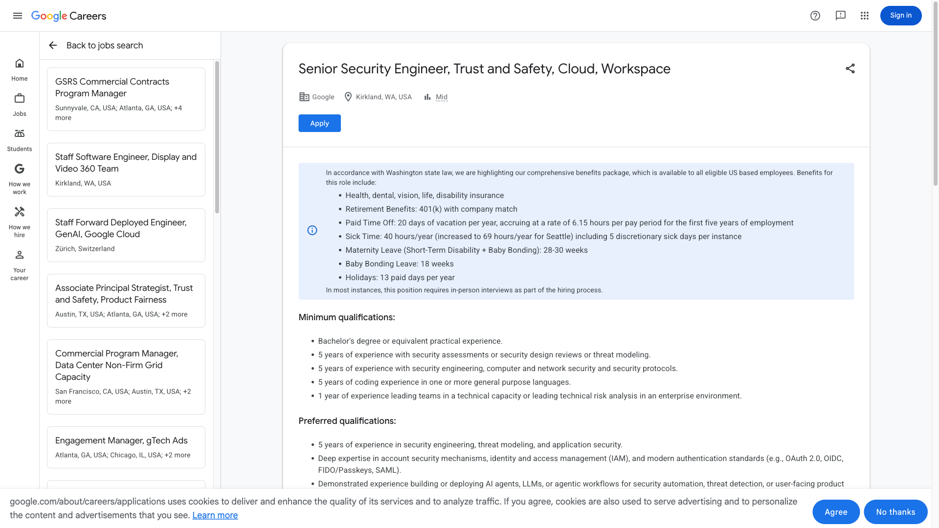 Screenshot of the Google Senior Security Engineer, Trust and Safety, Cloud, Workspace job posting, captured 2026-10-01