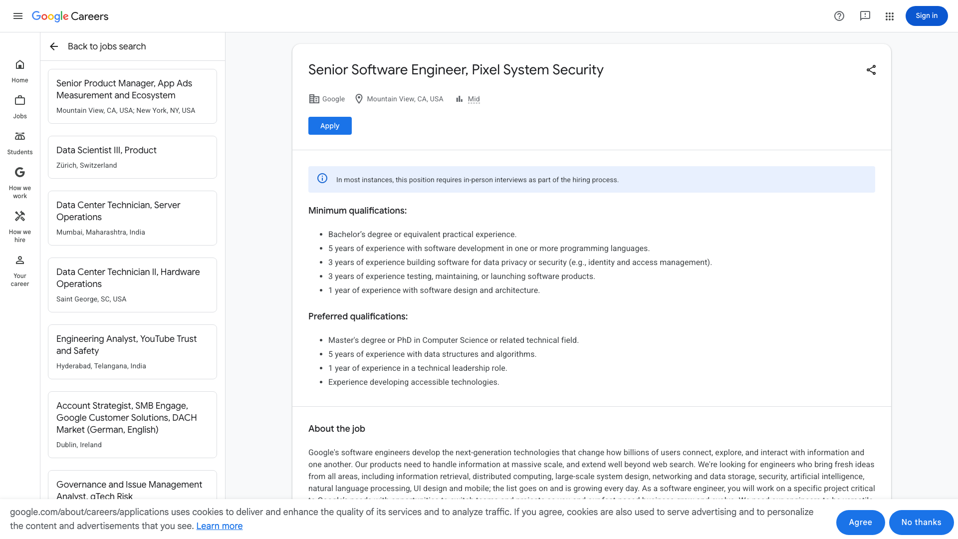 Screenshot of the Google Senior Software Engineer, Pixel System Security job posting, captured 2026-09-07